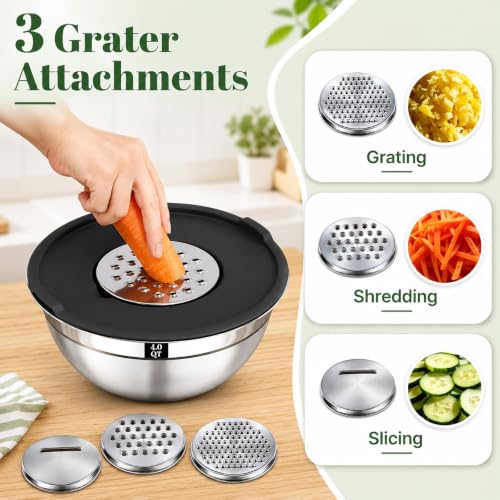 8PCS Mixing Bowls with Lids Set - 5 Nesting Mixing Bowls, 3 Grater Attachments, Lids, Stainless Steel Mixing Bowls for Mixing & Serving, Size 1.5/2.1/3.5/4/4.5 QT, Black - color: 8PCS Black Mixing Bowl Set