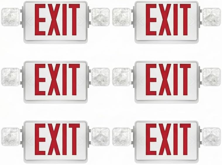 Double Sided LED Emergency EXIT Sign, Remote Capable, Two LED Flood Lights, Backup Battery, US Standard Red Letter Emergency Exit Lighting, Commercial Grade, 120-277V, FireResistant(UL 94V-0) (6 Pack) - size: 6 Pack