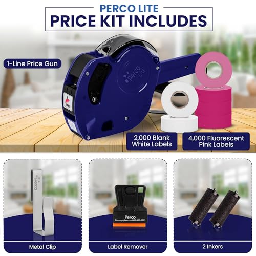 Perco Price Gun 1-Line Kit with 2 White 4 Pink Rolls, Clip & Ink Rollers - color: Fluorescent Pink