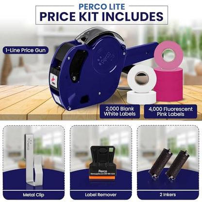 Perco Price Gun 1-Line Kit with 2 White 4 Pink Rolls, Clip & Ink Rollers - color: Fluorescent Pink