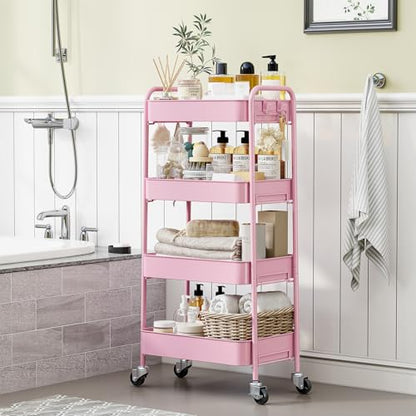 TOOLF 4 Tier Metal Rolling Cart, Utility Storage Cart with Wheels, Pink - color: Pink, size: 4-Tier