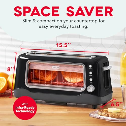 Dash Clear View Toaster | 10" Long Slot 2 Slice Toaster with See-Through Glass Window, 7 Browning Levels, Bagel, Defrost & Reheat Functions, Removable Glass Panel, Crumb Tray, Black - color: Black