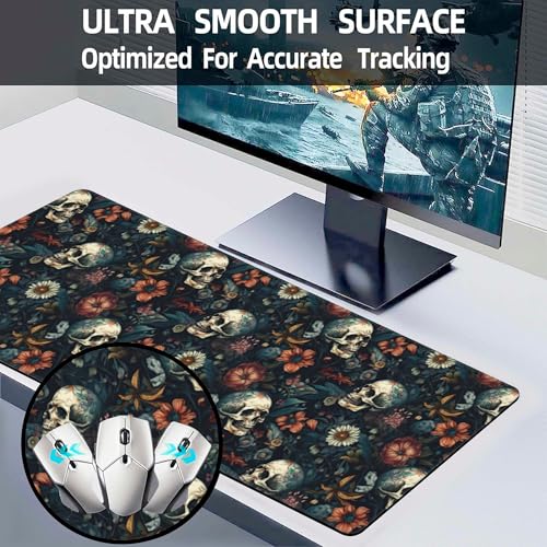 Desk Mat,Skulls with Flowers Large Gaming Mouse Pad XL,Skull Floral Desk Pad,Extended Big Computer Keyboard Mousepad with Non-Slip Base and Stitched Edges 31.5"x11.8" - color: Skulls With Flowers, size: 11.8" x 31.5"