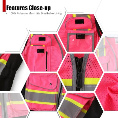 High Visibility Reflection Pink Mesh Safety Vests with 8 Pockets and Front Zipper, hi vis safety vest for Women(Pink-16,Small) - color: Pink, size: Small