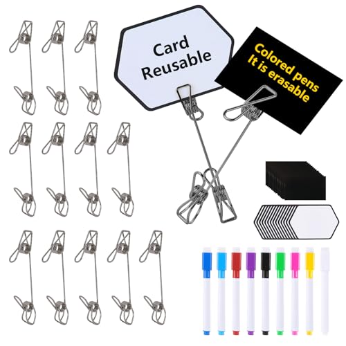 12 Pcs Metal Double Sided Sign Clips, Black Reusable label holders clips with 9 Colored Markers & 28 Laminated Erasable Cards for Table Numbers, Retail Display, Menu, Photo-Clip-On Sign Holders (Black) - color: Black