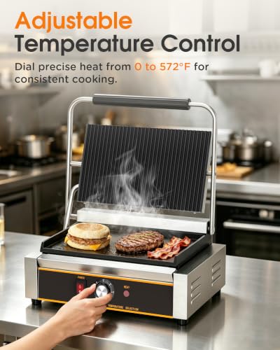 Commercial Panini Press - 2200W Electric Panini Sandwich Grill w/Nonstick Coating & Adjustable Temp, Panini Grill Press w/14"x9" Cooking Pan (Grooved Top & Flat Bottom), Double-sided Heating - style: 14"x9" Grooved top, flat bottom