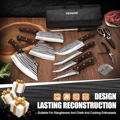 MDHAND Butcher Knife Set, Hand Forged Kitchen Chef Knife Set with Roll Bag - size: 14PCS Stripe Butcher Knife Set