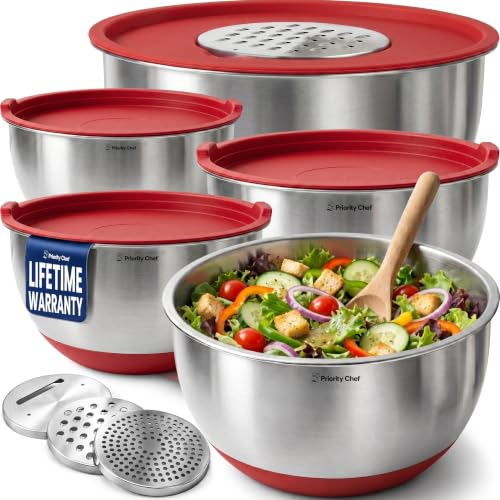 Priority Chef Stainless Steel Mixing Bowls with Lids Set, 3 Grater Attachments, Airtight Lids, Non-Slip Silicone Base Mixing Bowl Set, Large Prep Metal Mixing Bowls for Kitchen, Red - color: Red