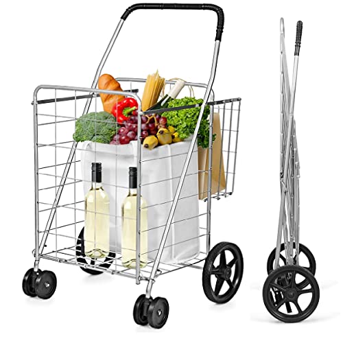 S AFSTAR Folding Shopping Cart, Metal Grocery Cart w/Extra Basket & 360° Swivel Wheels & Non-Slip Handle, Heavy Duty Utility Cart for Grocery Laundry Book Luggage (Silver) - color: Silver