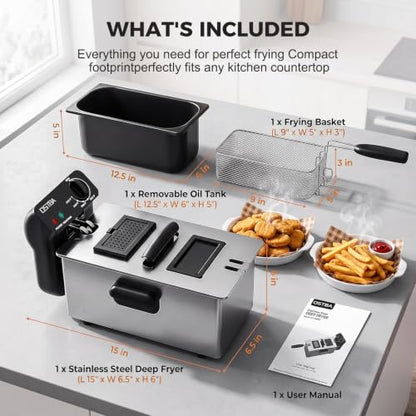 OSTBA Electric Deep Fryer with Basket, 3.2QT Stainless Steel Countertop - size: 3.2QT