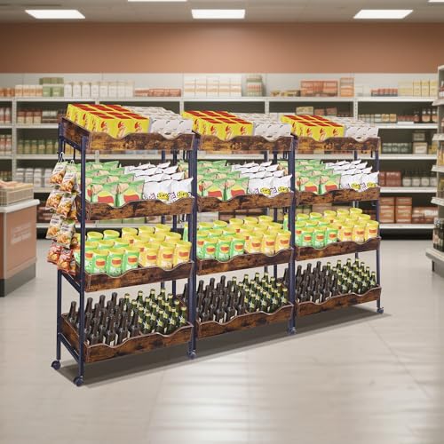 Snack Rack with Wheels,4-Tier Retail Display Shelves with 8 Metal Hooks,Tilted Design,Mobile Retail Display Stand with Metal Frame,Easy Assembly