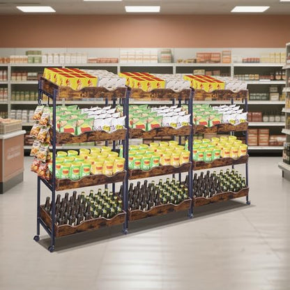 Snack Rack with Wheels,4-Tier Retail Display Shelves with 8 Metal Hooks,Tilted Design,Mobile Retail Display Stand with Metal Frame,Easy Assembly