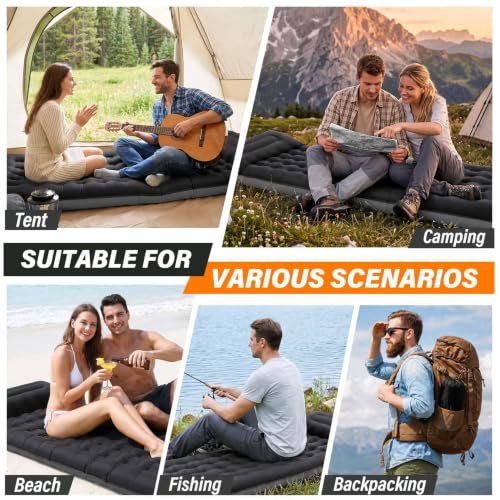 Camping Sleeping Pad, 6 inch Thick Ultralight Camping Mat with Pillow, Built-in Foot Pump Inflatable Sleeping Pads Compact for Camping Backpacking Hiking Traveling Tent,Single,Black - color: Black