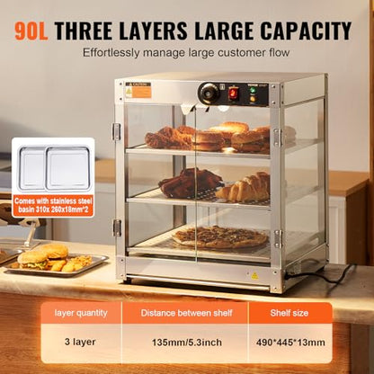 VEVOR 3-Tier Commercial Food Warmer Display, 800W Food Display Warmer with Light to Enhance Food Display, 86℉~185℉ Temperature Control, 90L Large Capacity for Hamburger, Pizza, Bread, Fried Chicken - size: 3-Tier-95Qt