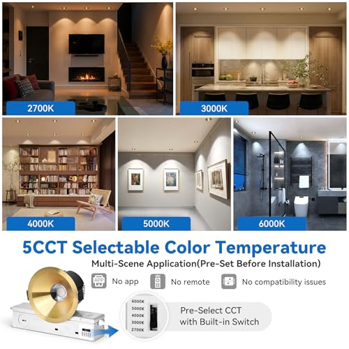 CycevSun Gold 3 Inch LED Recessed Lights, Anti-Glare COB Spotlight, 6 Pack - color: Gold, size: 3 Inch