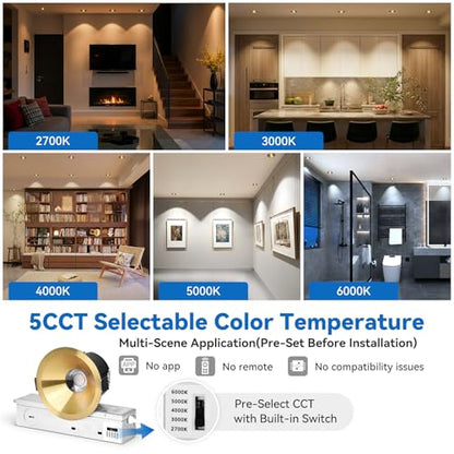 CycevSun Gold 3 Inch LED Recessed Lights, Anti-Glare COB Spotlight, 6 Pack - color: Gold, size: 3 Inch