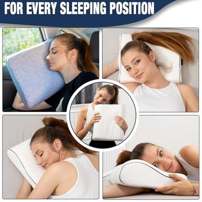 alkamto Travel & Camping Comfortable Memory Foam Pillow – Easy to Carry Portable Bag – Temperature Regulating Pillow Case - size: 13.7 x 11.8 x 3.9 / 3.14 In - White + Extra Cover