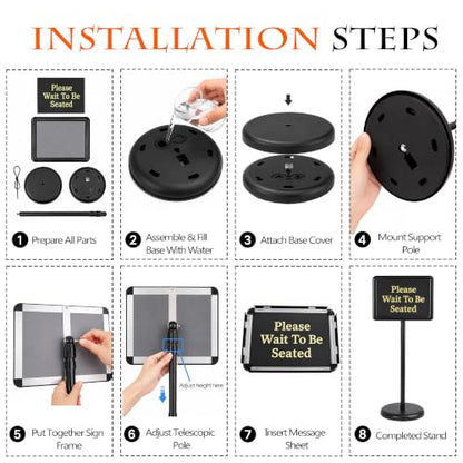 Please Wait To Be Seated Sign, 8.5 x 11 Inch Heavy Duty Sign Holder Stand with 8 Inserts and 8 Alphabet Stickers, Can DIY Sign Messages, Floor Standing Poster Stand with a Base for Yard Business Store Floor Indoor/Outdoor Signage&Advertising, Black