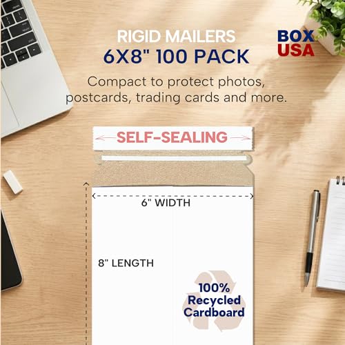 BOX USA Rigid Mailers 6" x 8" (100-Pack) - Cardboard Mailer Envelopes for Photos, Trading Cards, Small Prints - Stay Flat - size: 6" x 8" (100-Pack)