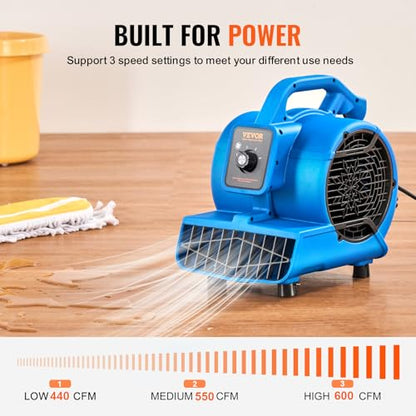 VEVOR Floor Blower, 1360 RPM 600 CFM, Air Mover for Drying and Cooling, Portable Carpet Dryer Fan with 4 Blowing Angles,3-Speeds Adjustment, for Janitorial, Home, Plumbing, Commercial Use - size: 600 CFM (3-Speed)