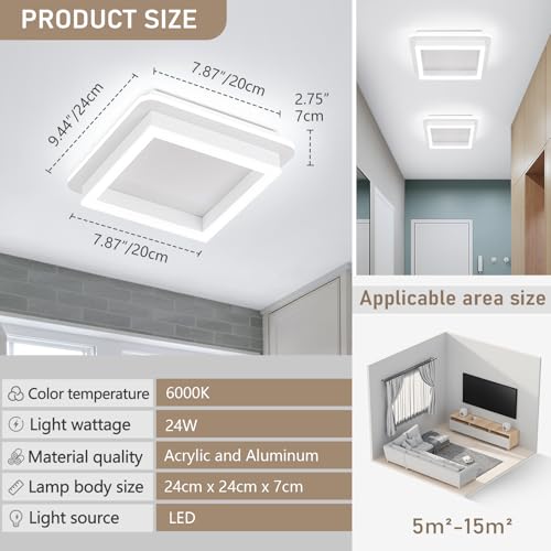CANEOE 32W Square Hallway Light, Modern Flush Mount Led Ceiling Light,White Acrylic Close to Ceiling Lights for Bedroom Dining Room Kitchen Balcony Bathroom Aisle Ceiling Lamp (Cool White,6000K) - color: White, size: 1 Pack