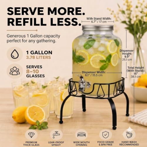 Estilo Gallon Drink Dispenser with Stand - Glass Beverage Dispenser with Stand for Weddings - Sun Tea Jar with Spigot 1 Gallon - Countertop Glass Water Dispenser for Lemonade and Parties - size: 1 Gallon, style: Single w/ Stand