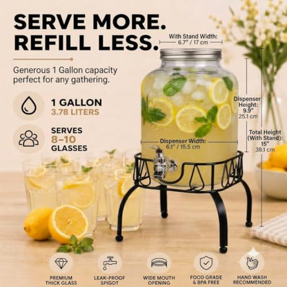 Estilo Gallon Drink Dispenser with Stand - Glass Beverage Dispenser with Stand for Weddings - Sun Tea Jar with Spigot 1 Gallon - Countertop Glass Water Dispenser for Lemonade and Parties - size: 1 Gallon, style: Single w/ Stand