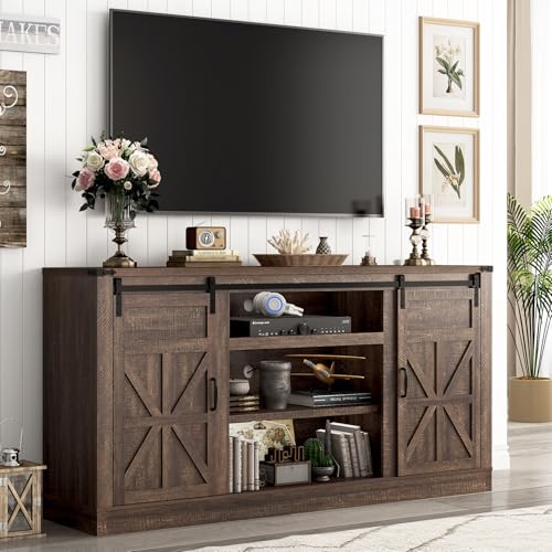 Hlivelood 66" Farmhouse TV Stand for 75 Inch TV, 33" Tall Entertainment Center with Power Outlets & Sliding Barn Door, Wood TV Stands with Storage, TV Media Console for Living Room, Brown - color: Brown