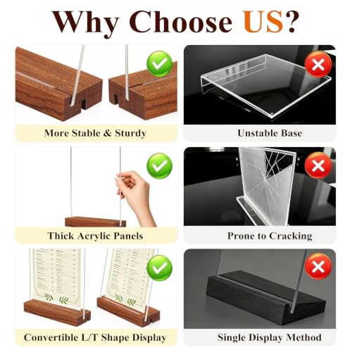 5x7 Acrylic Sign Holder with Wooden Base 4 Pack Adjustable Vertical/Tilt - color: Warm Brown, size: 5"x7"