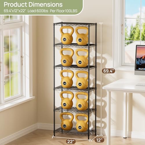 Golpart 6Tier Adjustable Storage Shelves Metal Wire Shelving Standing Shelf - color: Black, size: 6-tier-12"Dx22"Wx69"H