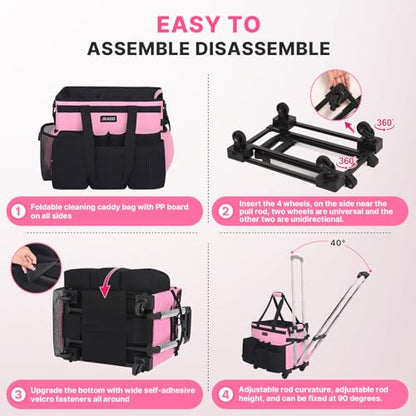 JKAOO Large Rolling Cleaning Caddy Bag with Detachable Trolley, Pink - color: Pink