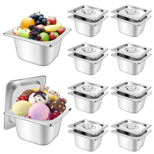 10 Set Stainless Steel Hotel Pans with Lids 1/6 Size 4 Inch Deep Steam Table Pans Food Containers Catering Food Storage Metal Pan Lid Anti-Jam Steam Pan Cover for Commercial Restaurant Hotel Buffet