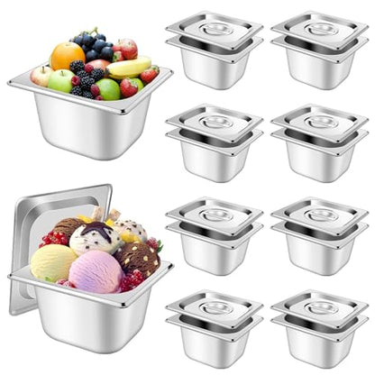 10 Set Stainless Steel Hotel Pans with Lids 1/6 Size 4 Inch Deep Steam Table Pans Food Containers Catering Food Storage Metal Pan Lid Anti-Jam Steam Pan Cover for Commercial Restaurant Hotel Buffet