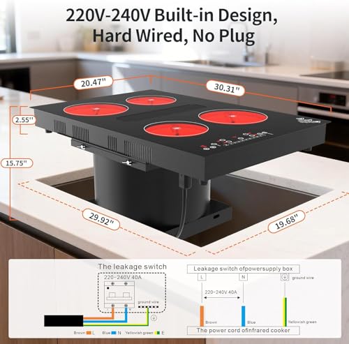 30" Electric Cooktop with Downdraft – 4 Burner 6000W Built-in Electric Stove, BBQ Bridge Burner, Timer, Safety Lock, Recirculating Vent (220V-240V) - color: Black 4 Burner Electric Cooktop