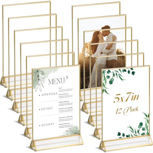 UNIQOOO Acrylic Sign Holders with Golden Border, Portrait View, Pack of 12 | 5x7 Double Sided Clear Frame, Perfect for Wedding reception, Centerpiece, Decoration, Party,Anniversary, Event - size: 5x7",12Pack