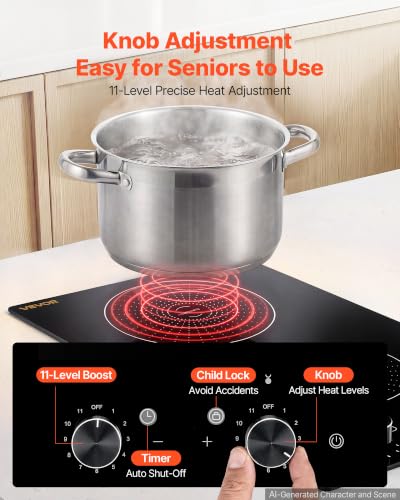 VEVOR 12 Inch Induction Cooktop 2 Burners,Built-in Electric Stove Top,Knob Control,Ceramic Glass Surface,Low-Power Continuous Heating,11 Power Levels,Child Lock,1800W,110V No Plug - size: 12IN-knob