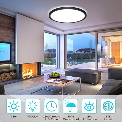 libtit 13 Inch LED Round Flat Light, 28W 3200lm 3000K/4500K/6000K CCT Selectable, Black Ceiling Light Surface Mount, Slim Ceiling Lamp Flush Mount for Bedroom, Kitchen, Office,Closet,Laundry Room - color: Black, size: 13In-1Pack
