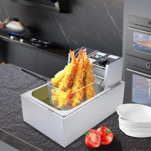 Commercial Deep Fryer with Baskets, 2500W Thickened Stainless Steel Electric Oil Fryer, Large Capacity with Temperature Control (6L) - size: 6L