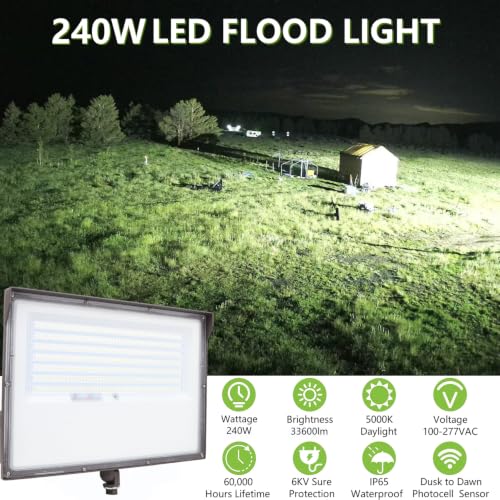 240W Outdoor LED Flood Light Dusk to Dawn with Knuckle, 33600LM 1500W Equivalent, 100-277V 5000K Daylight, ETL Commercial LED Flood Light Fixture, Outdoor Security Lighting for Landscape/Parking Lot - size: 240W