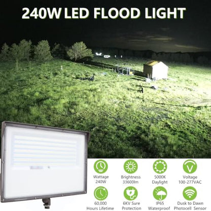 240W Outdoor LED Flood Light Dusk to Dawn with Knuckle, 33600LM 1500W Equivalent, 100-277V 5000K Daylight, ETL Commercial LED Flood Light Fixture, Outdoor Security Lighting for Landscape/Parking Lot - size: 240W