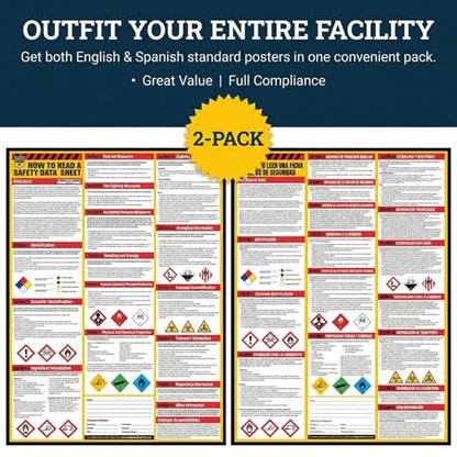 Performore Bilingual SDS Safety Poster Set Spanish English 2 Pack 24x33 Workplace Hazard Communication Sign UV Coated Paper OSHA Reference Chart