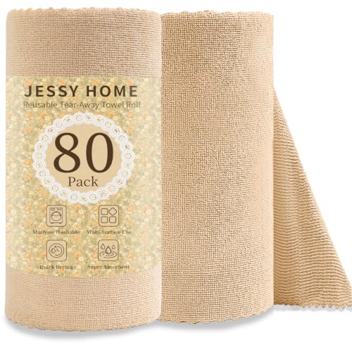 Jessy Home 80 Pack Microfiber Cleaning Cloth Roll Reusable Paper Towels 12"x12" Tear Away Cloth, Microfiber Towels for Cars, Wash Cloths, Lint Free Rags for House, Kitchen,Window,Cleaning Supplies - color: Apricot Yellow