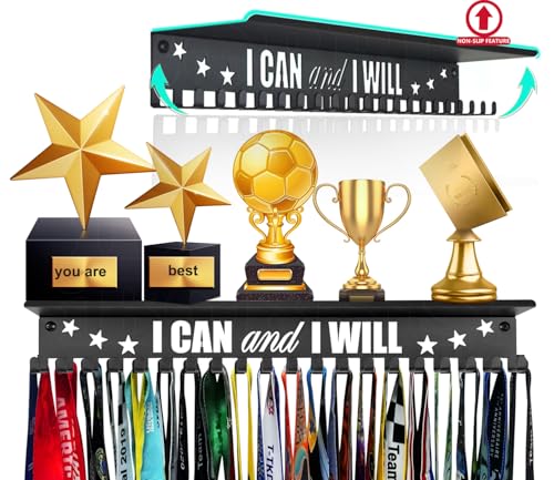 iBobbish Metal Medal Hanger Display,Non-Slip Trophy Shelf with 20 Hooks,Wall Mount,Heavy Duty,Non-Bent,Holds 22-33lbs,for Gymnastics,Race,Soccer,Swim - color: Black, style: NON-SLIP I CAN and I WILL