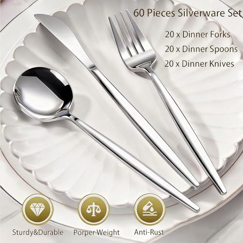 60-Piece Silverware Set for 20, Food Grade Stainless Steel Flatware Set with Thickened Forks Spoons Knives, Mirror Polished Cutlery for Home, Parties, Restaurant, Dishwasher Safe - color: Silver Mirror
