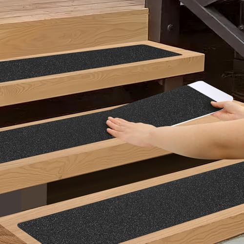 SMILOOL Outdoor Stair Treads Non-Slip Step Strips for Wooden Steps 10 Pack 6” x 24” Anti Slip Grip Tape Precut for Outside Stairs, Non Skid Stair Tread Mats Weather Resistant for Outdoors, Black - size: 6" x 24"