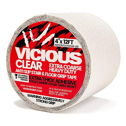 Vicious Clear Extra Coarse Heavy Duty Anti Slip Safety Traction Tape | 4 Inch x 12 Feet | Indoor Outdoor Industrial Commercial Use | Waterproof, Oil Resistant, Durable