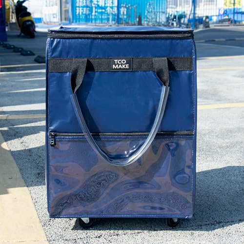 Medium DK Blue Reusable Grocery Bag on Wheels, Folding Rolling Tote - color: Dk Blue, size: Medium