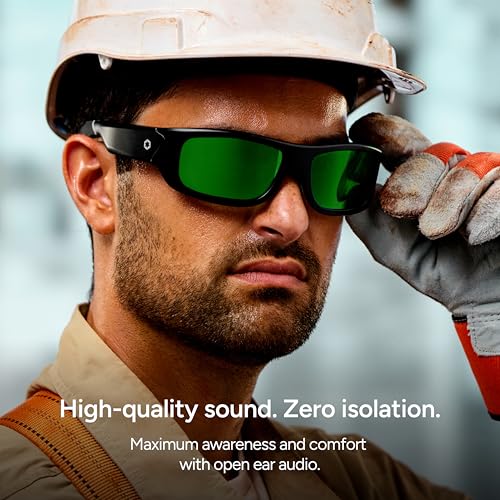 Lucyd Armor Smart Safety Glasses, TR90 Frame, Light Adaptive Lenses, Open Ear Speakers & Microphone - ANSI Z87.1 - style: Green Mirror