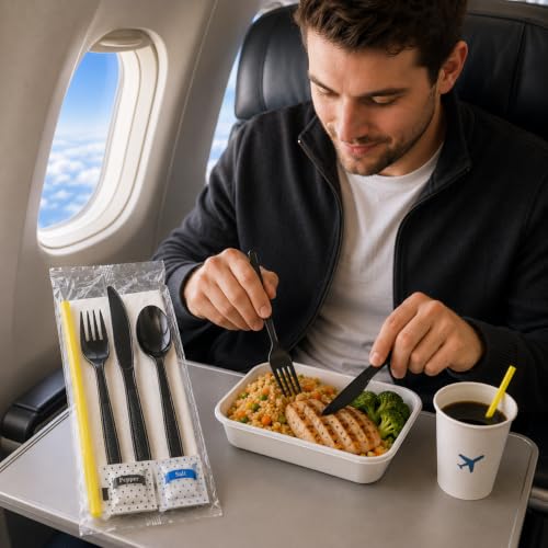 100 pack | Individually wrapped Cutlery set | BlackHeavy Duty Cutlery | Utensil set with Fork, spoon, knife, Napkin, Straw and Salt/Pepper packets (6 in 1) | Plastic Disposable Flatware Cutlery Kits - color: Black