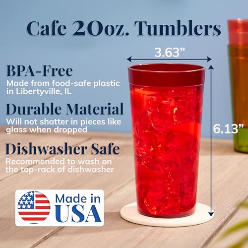 US Acrylic Cafe Plastic Reusable Tumblers (Set of 16) 20-ounce Water Cups Assorted Colors | Restaurant Style Drinking Glasses Value Set, Stackable, BPA-free, Made in the USA | Top-rack Dishwasher Safe - color: Assorted, size: 20 ounces
